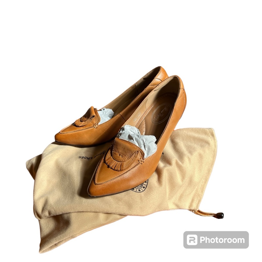 ◻️MONA FLYING: Women’s 8, brown sheepskin & pig leather loafer heels, like new
